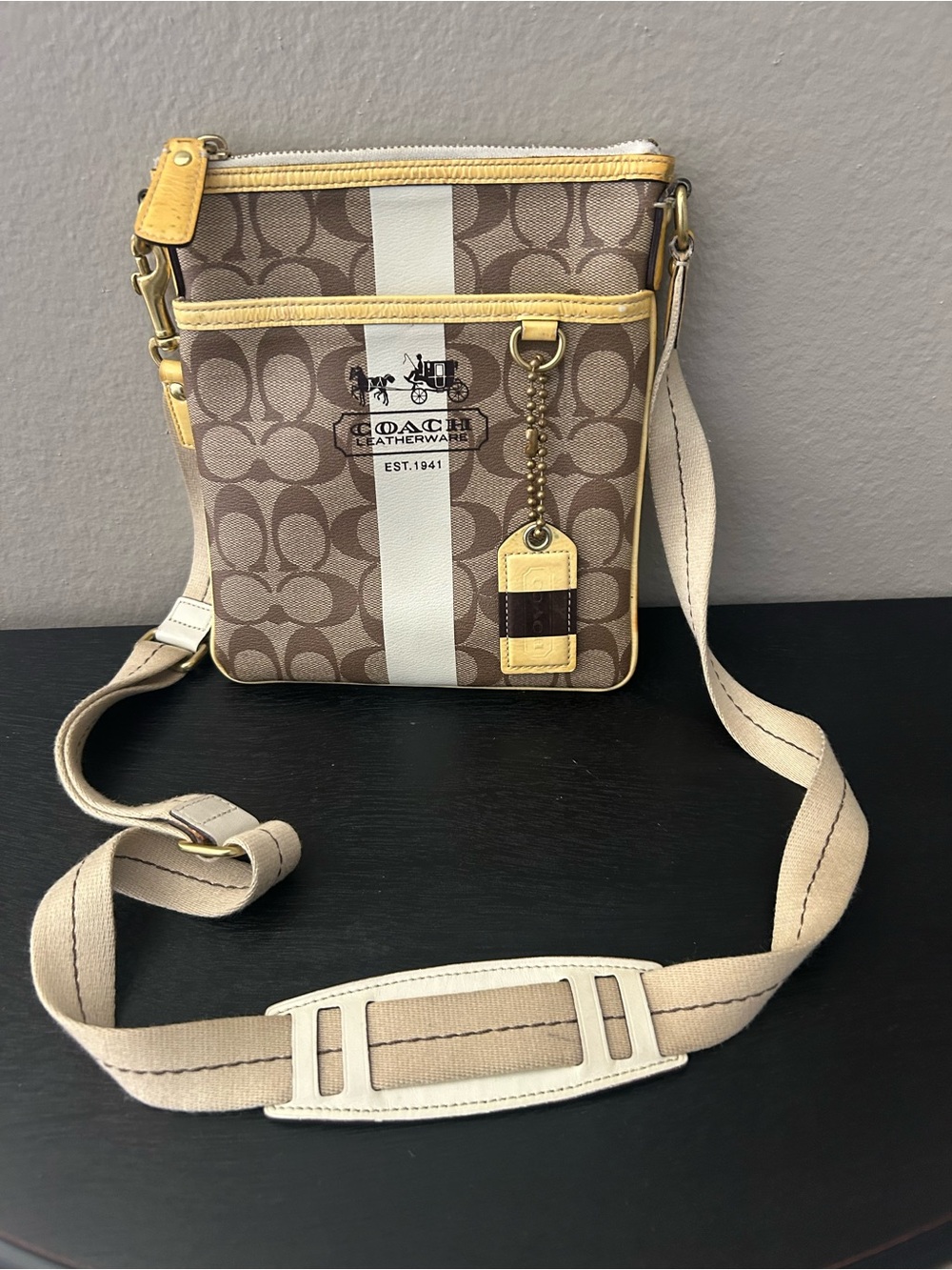 Coach Brown Signature Canvas Crossbody with Yellow Trim